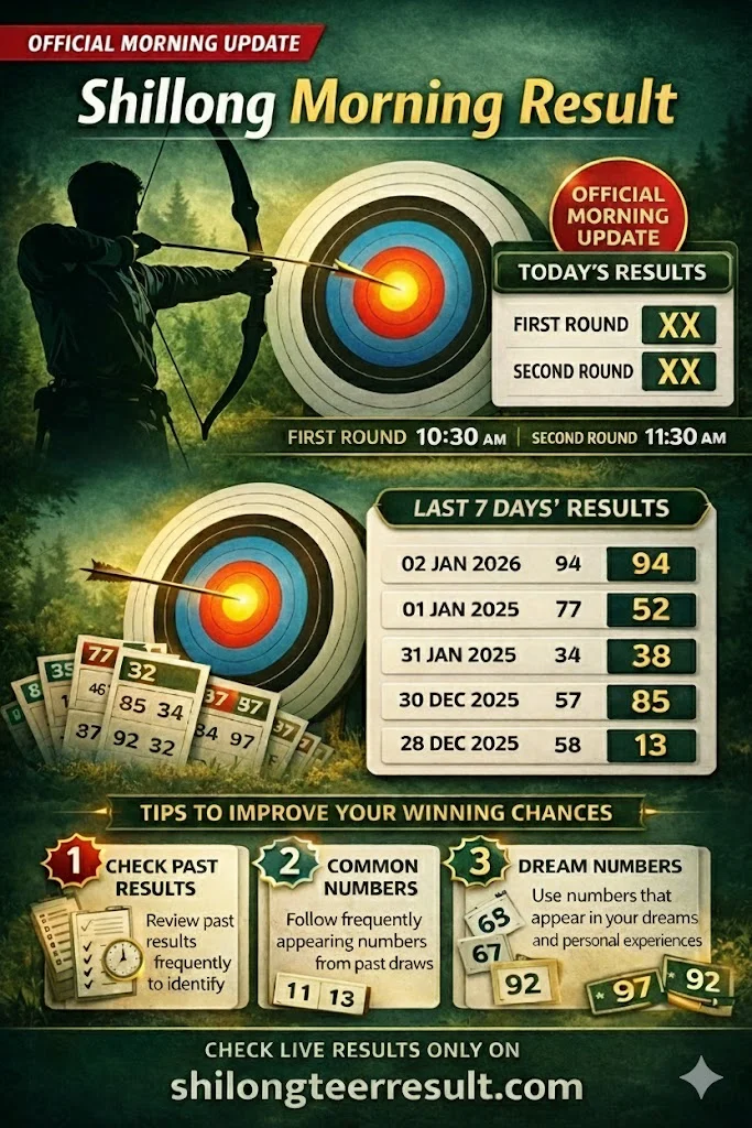 Shillong Morning Teer Result Today | 03 Feb 2026 (100% Success) 2 Infographic for Shillong Morning Teer Result featuring archery imagery. It includes placeholders for today's results (10:30 AM and 11:30 AM), a table of past results from December 2025 to January 2026, and tips to improve winning chances. URL at the bottom: shilongteerresult.com.