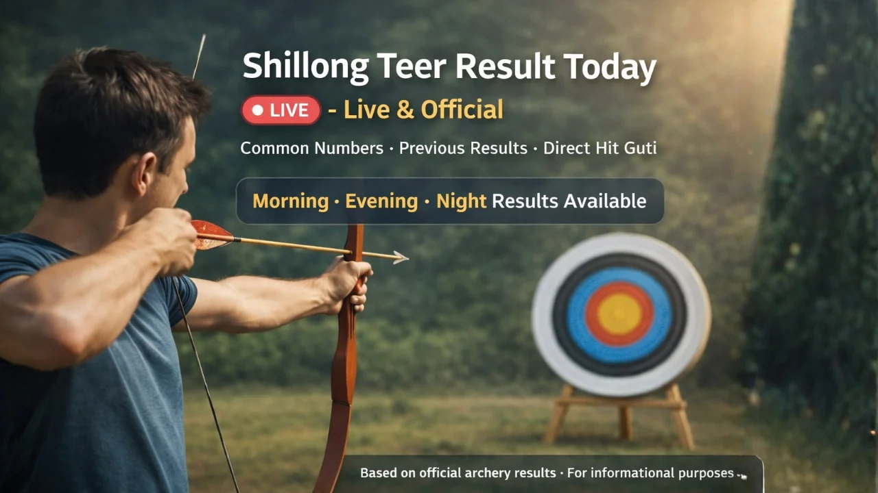 Shillong Teer Result Today Live – 03 Feb 2026 (100% Success) 1 Shillong Teer Result Today live banner showing an archer aiming at a target with text highlighting live and official Shillong Teer results, common numbers, previous results, and morning, evening, and night sessions.